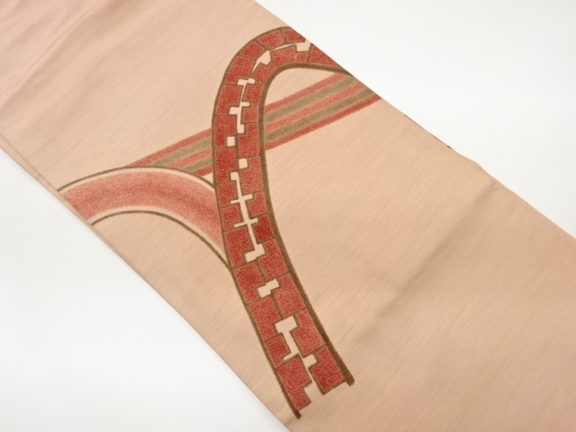 リサイクル　手織り紬曲線に幾何学模様織出し名古屋帯